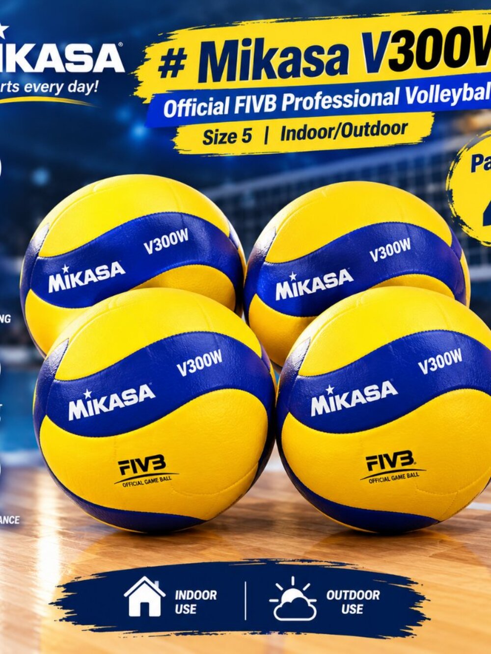 Mikasa V300W Official FIVB Volleyball Size 5, Pack of 4